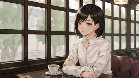 A 32-year-old androgynous adult with a bob cut sitting at a cafe table、Beautiful black hair、Looking down at the tree-lined stree...