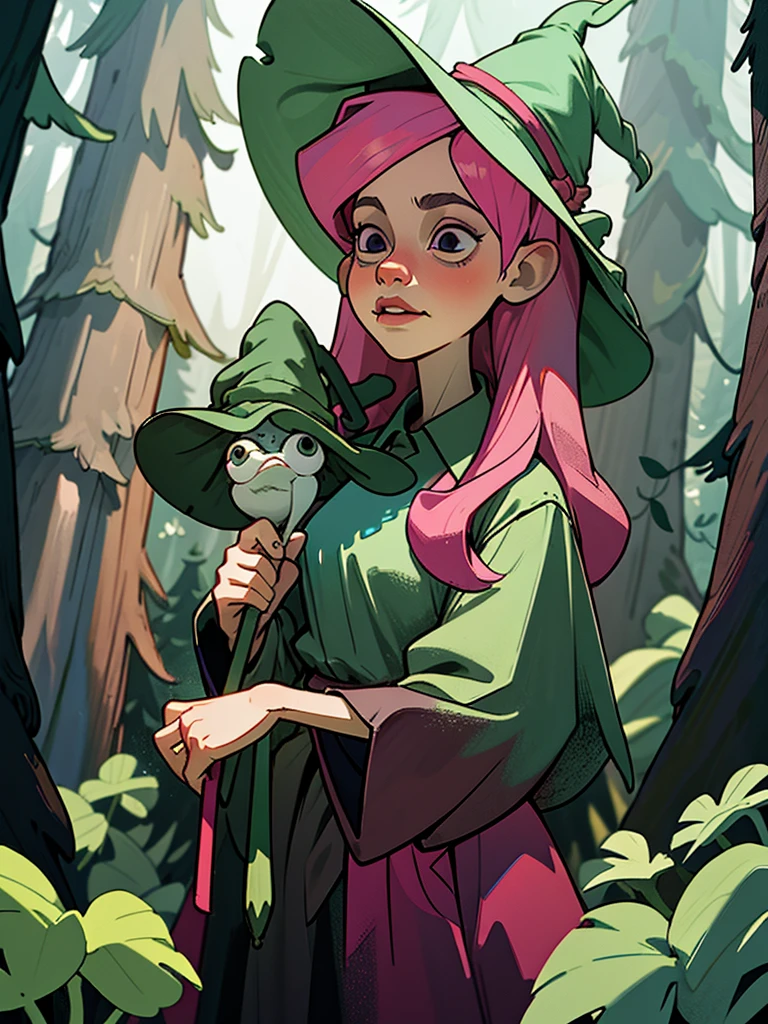 witch girl in the forest with herbs and potions. she has long pink hair, dark eyes, a witch dress, a hat with a frog on her head, a fairy forest in the background. close up of her face, hd
