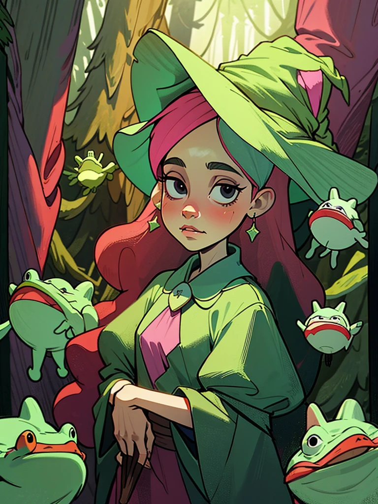 witch girl in the forest with herbs and potions. she has long pink hair, dark eyes, a witch dress, a hat with a frog on her head, a fairy forest in the background. close up of her face, hd
