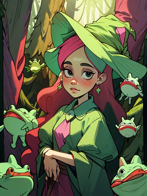 witch girl in the forest with herbs and potions. she has long pink hair, dark eyes, a witch dress, a hat with a frog on her head...