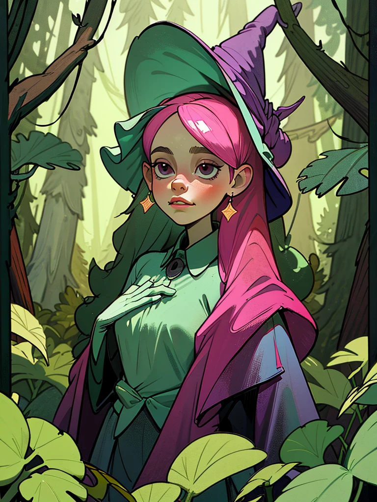 witch girl in the forest with herbs and potions. she has long pink hair, dark eyes, a witch dress, a hat with a frog on her head, a fairy forest in the background. close up of her face, hd
