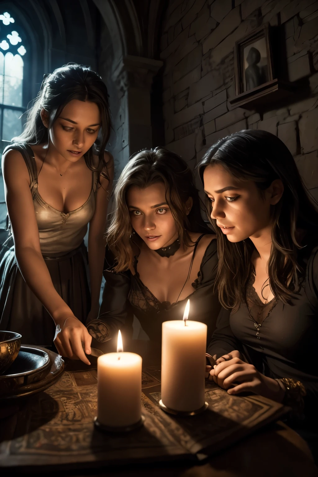 a detailed fantasy scene of three young girls exploring an ancient, mysterious house, extremely detailed eyes and faces, beautiful detailed lips, longeyelashes, highly realistic, photorealistic, 8k, masterpiece, studio lighting, vivid colors, dramatic lighting, ornate architecture, dusty textures, cobweb-covered walls, mysterious atmosphere, sense of discovery, warm light from candles, glowing magical artifacts, capture the essence of this magical and mysterious encounter. Your drawing will be fundamental for the creation of a unique publication, which combines the gothic atmosphere and the charm of the supernatural. Remember to add evocative details, such as candle flames dancing in the dark, shadows moving ominously along the rock walls, . Highlight the aura of mystery and emotion that this forbidden encounter evokes.