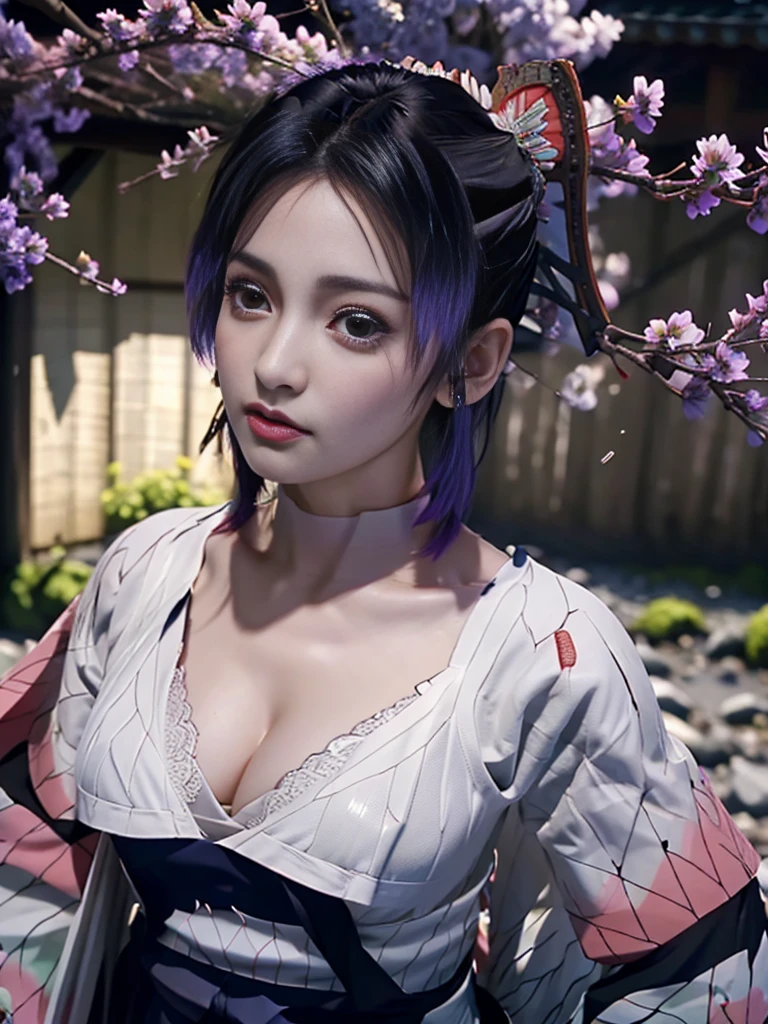 Realistic, Super detailed, High resolution, highest quality, Super detailedな,1 Female , Official Art, unity 8k wallpaper, Super detailed, beautiful and aesthetic, beautiful, masterpiece,( Super busty breasts:1.8,Small waist)、Glowing Skin,masterpiece, wonderful, (CG illustration),Asian, Ultra-realistic textured face and skin、Accurate anatomy、samurai、Colorful armor、Radiation Hair, bangs,Short Bob、((samurai))、sword,Facial details、Dynamic Pose、Dynamic Action、Dynamic Angle、Detailed Background、Wisteria flower、In combat、duel、Degrees of Freedom:1.3