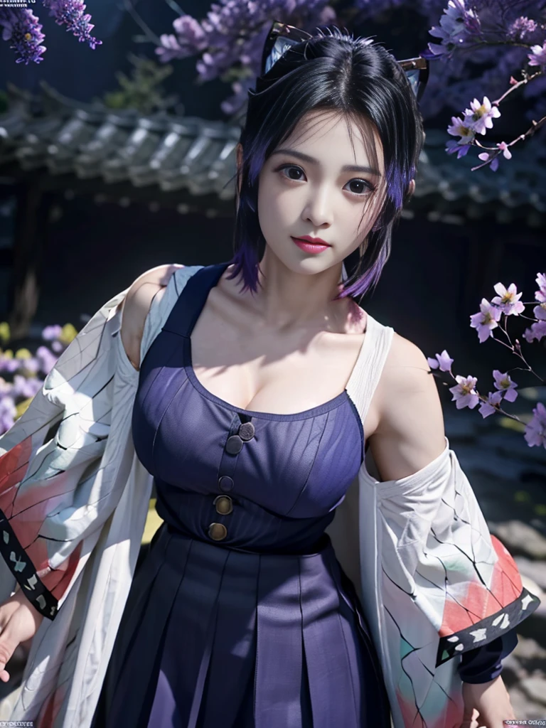 Realistic, Super detailed, High resolution, highest quality, Super detailedな,1 Female , Official Art, unity 8k wallpaper, Super detailed, beautiful and aesthetic, beautiful, masterpiece,( Super busty breasts:1.8,Small waist)、Glowing Skin,masterpiece, wonderful, (CG illustration),Asian, Ultra-realistic textured face and skin、Accurate anatomy、samurai、Colorful armor、Radiation Hair, bangs,Short Bob、((samurai))、sword,Facial details、Dynamic Pose、Dynamic Action、Dynamic Angle、Detailed Background、Wisteria flower、In combat、duel、Degrees of Freedom:1.3