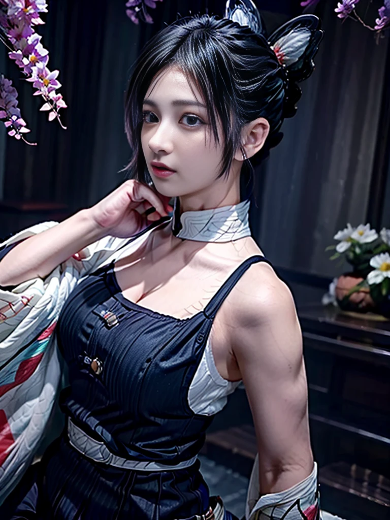 Realistic, Super detailed, High resolution, highest quality, Super detailedな,1 Female , Official Art, unity 8k wallpaper, Super detailed, beautiful and aesthetic, beautiful, masterpiece,( Super busty breasts:1.8,Small waist)、Glowing Skin,masterpiece, wonderful, (CG illustration),Asian, Ultra-realistic textured face and skin、Accurate anatomy、samurai、Colorful armor、Radiation Hair, bangs,Short Bob、((samurai))、sword,Facial details、Dynamic Pose、Dynamic Action、Dynamic Angle、Detailed Background、Wisteria flower、In combat、duel、Degrees of Freedom:1.3