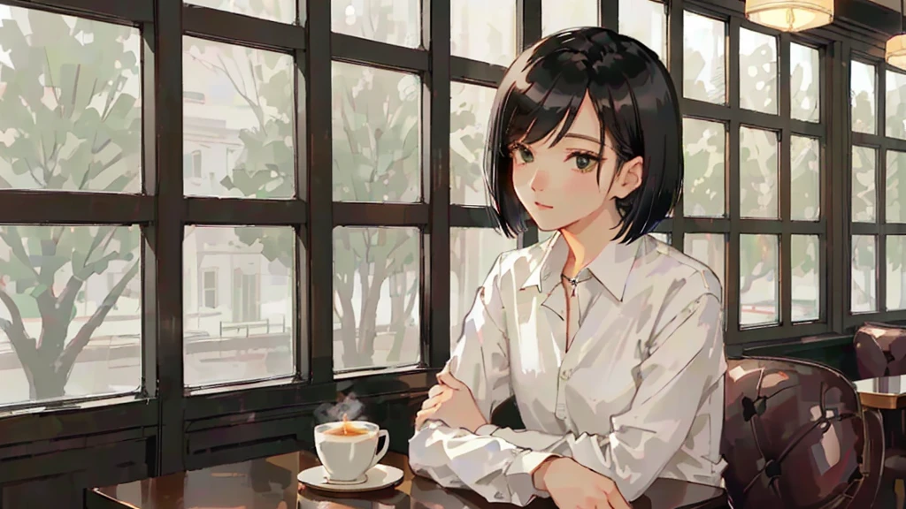 A 32-year-old androgynous adult with a bob cut sitting at a cafe table、Beautiful black hair、Looking down at the tree-lined street below、White coffee cup、Masterpiece、 Sitting alone in a café, Sitting alone in a cafe, Evening Lighting、Wooden retro cafe、White Shirt