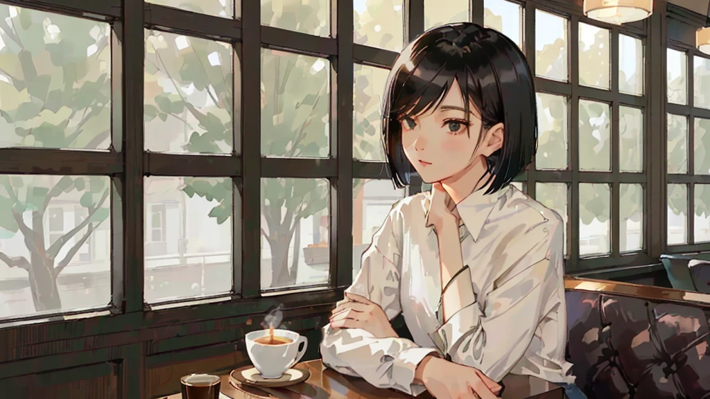 A 32-year-old androgynous adult with a bob cut sitting at a cafe table、Beautiful black hair、Looking down at the tree-lined street below、White coffee cup、Masterpiece、 Sitting alone in a café, Sitting alone in a cafe, Evening Lighting、Wooden retro cafe、White Shirt