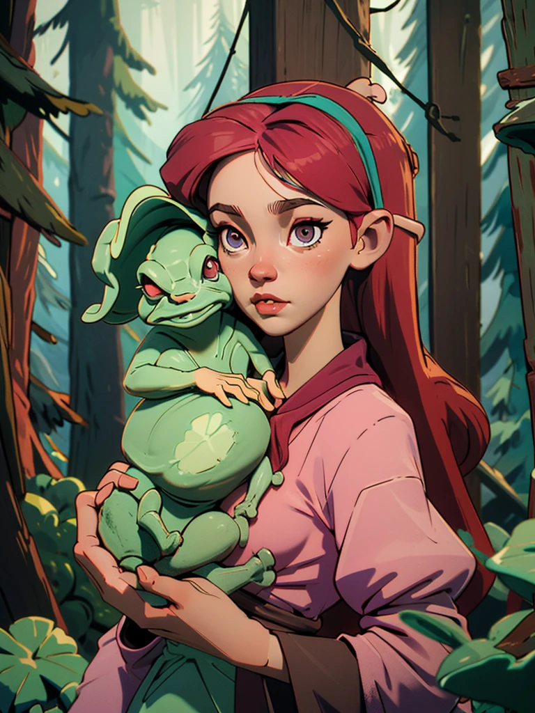 witch girl in the forest with herbs and potions. she has long pink hair, dark eyes, a witch dress, a hat with a frog on her head, a fairy forest in the background. close up of her face, hd
