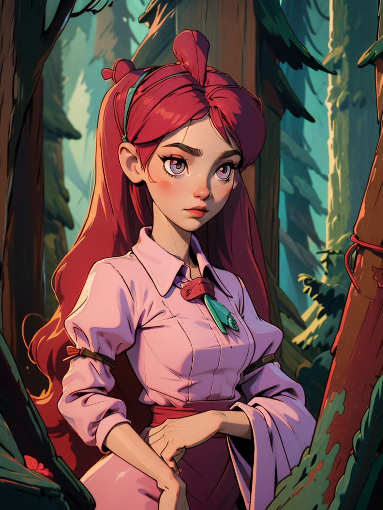 witch girl in the forest with herbs and potions. she has long pink hair, dark eyes, a witch dress, a hat with a frog on her head, a fairy forest in the background. close up of her face, hd
