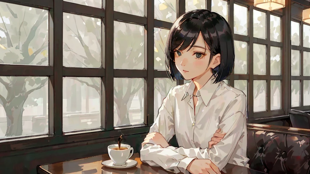 A 32-year-old androgynous adult with a bob cut sitting at a cafe table、Beautiful black hair、Looking down at the tree-lined street below、White coffee cup、Masterpiece、 Sitting alone in a café, Sitting alone in a cafe, Evening Lighting、Wooden retro cafe、White Shirt