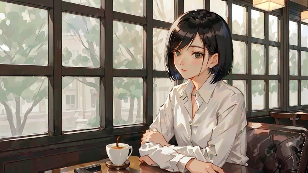 A 32-year-old androgynous adult with a bob cut sitting at a cafe table、Beautiful black hair、Looking down at the tree-lined street below、White coffee cup、Masterpiece、 Sitting alone in a café, Sitting alone in a cafe, Evening Lighting、Wooden retro cafe、White Shirt