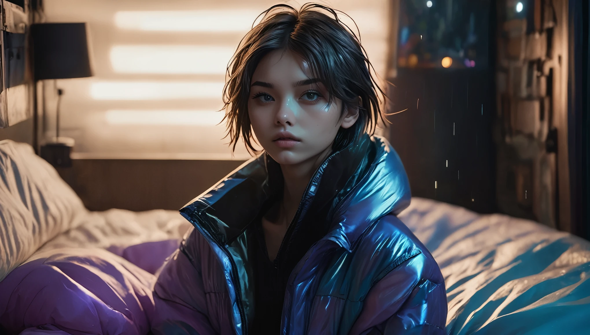 Top Quality, Masterpiece, High Resolution, 8k, full body shot, wide view, (((skinny girl in a puffer oversize jumpsuit, wide neckline, deep neckline, beautiful detailed eyes, small closed mouth, extremely detailed face, long pixie asymmetrical hair style, small hips, at night, dim lighting, next to a bed, look behind, cyberpunk, tatoo, pastell))) 