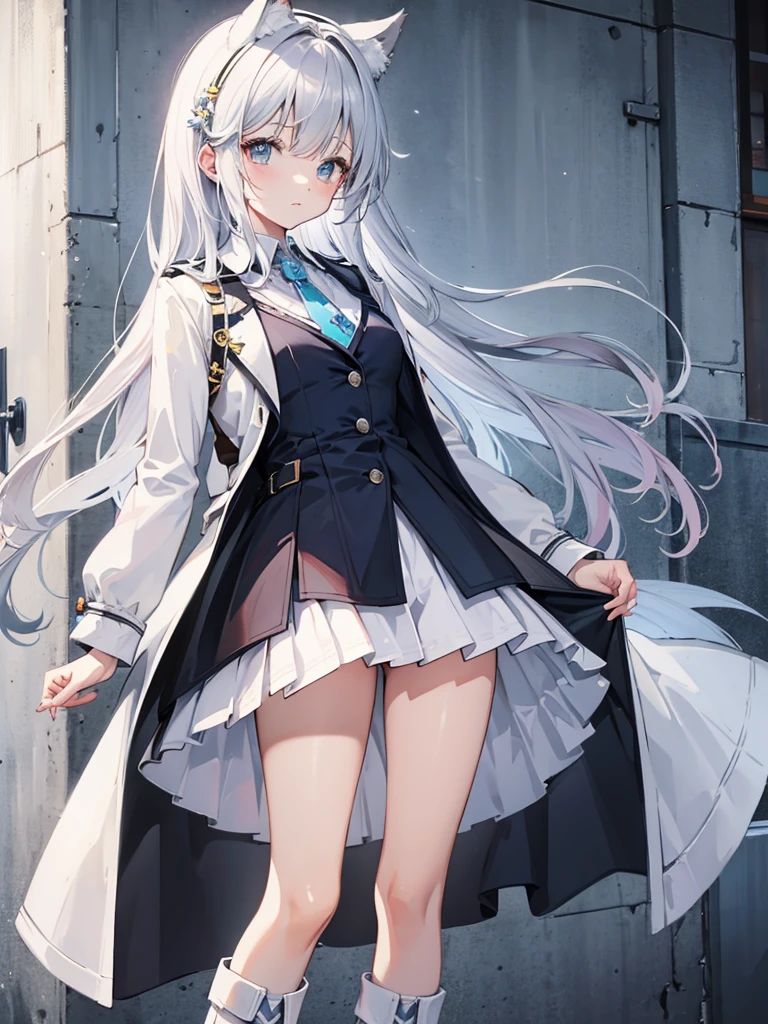 White silk tights，Short skirt，Boots，Lining，coat，White long hair，A cat lady，Loli，small headdress，White, light blue, light pink，Standing，Halo