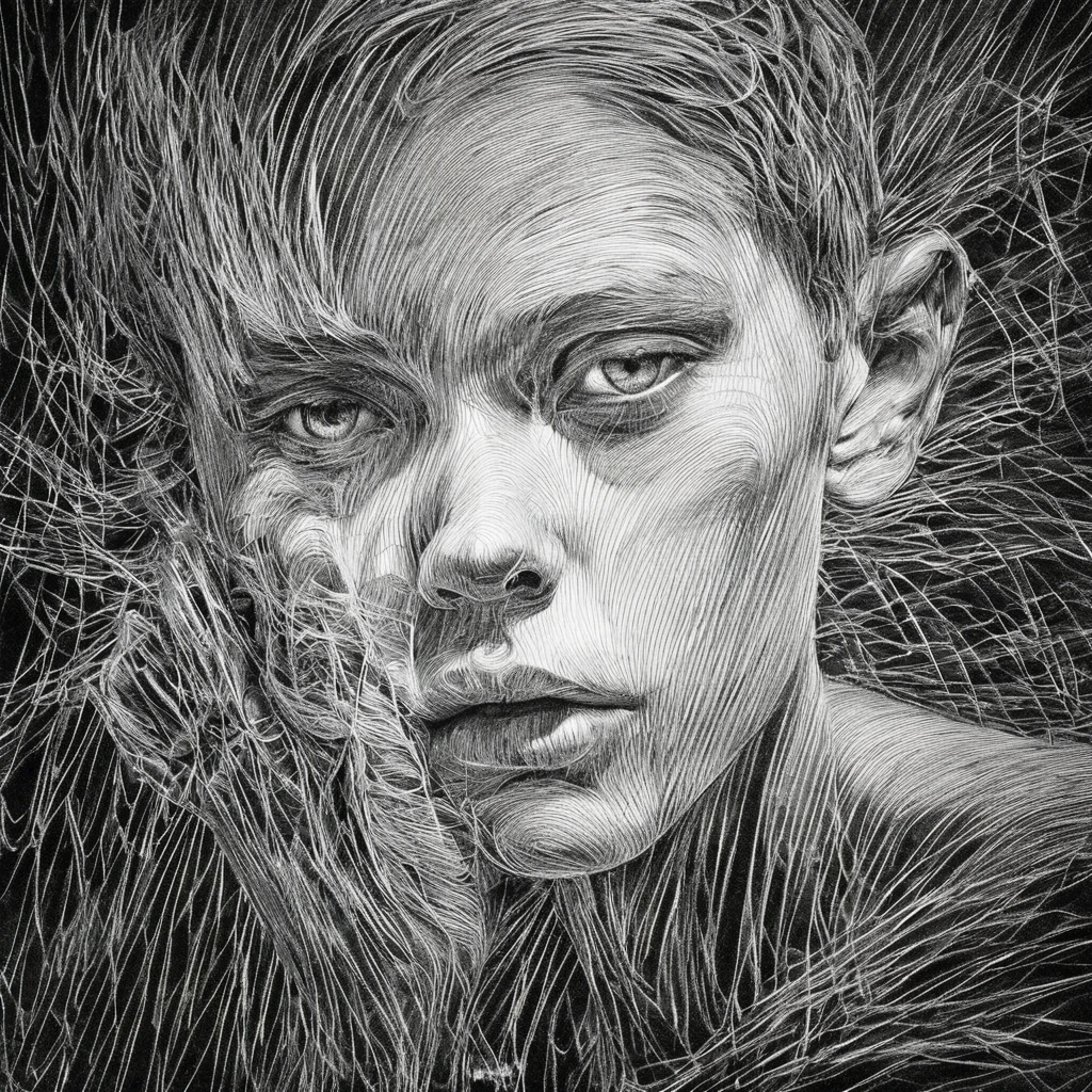 A beautiful young boy, monochrome black and white portrait, highly detailed delicate facial features, expressive eyes, elegant pose, dramatic lighting, chiaroscuro effect, minimalist background, cinematic atmosphere, timeless elegance, charcoal pencil sketch style, intricate linework, high contrast, soft shadows, striking composition