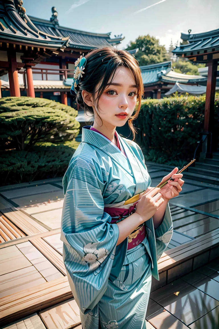 1 Mädchen, Allein, von oben, (weiße Lilienblüten), ästhetisch, kompliziert, beste Qualität, detaillierter Hintergrund, Sayaka Miki, ((girl wearing a patterned teal Kimono:1.2)), (Spaziergang im Zen-Garten),  Lässige Pose, detaillierte Texturen, posiert, Blumenmuster, Haarblume, Haarverzierung, japanische kleidung, Kimono, Herz, draußen, Pagode, Blütenblätter, (teal Kimono), Schärpe, Schrein, Himmel, Steintreppe, torii, weite Ärmel, Yukata 