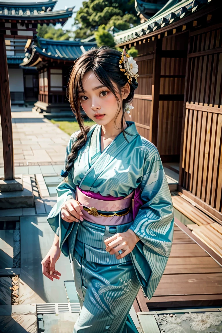 1girl, solo, from above, (white lily flowers), aesthetic, intricate, best quality, detailed background, Sayaka Miki, ((girl wearing a patterned teal kimono:1.2)), (walking in zen garden),  casual pose, detailed textures, posing, floral print, hair flower, hair ornament, japanese clothes, kimono, obi, outdoors, pagoda, petals, (teal kimono), sash, shrine, sky, stone stairs, torii, wide sleeves, yukata 