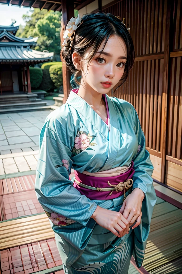 1girl, solo, from above, (white lily flowers), aesthetic, intricate, best quality, detailed background, Sayaka Miki, ((girl wearing a patterned teal kimono:1.2)), (walking in zen garden),  casual pose, detailed textures, posing, floral print, hair flower, hair ornament, japanese clothes, kimono, obi, outdoors, pagoda, petals, (teal kimono), sash, shrine, sky, stone stairs, torii, wide sleeves, yukata 