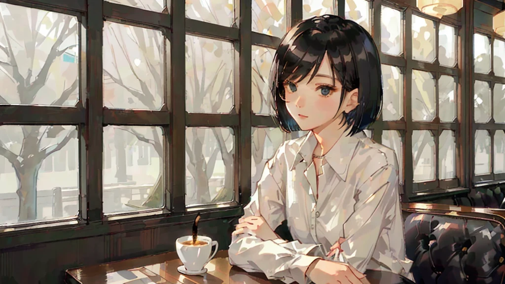 A 32-year-old androgynous adult with a bob cut sitting at a cafe table、Beautiful black hair、Looking down at the tree-lined street below、White coffee cup、Masterpiece、 Sitting alone in a café, Sitting alone in a cafe, Evening Lighting、Wooden retro cafe、White Shirt