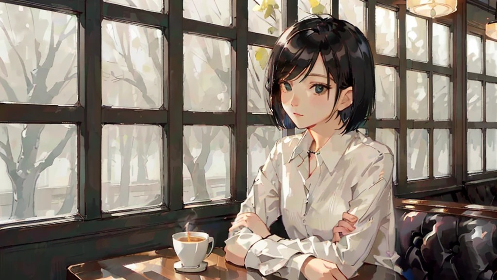 A 32-year-old androgynous adult with a bob cut sitting at a cafe table、Beautiful black hair、Looking down at the tree-lined street below、White coffee cup、Masterpiece、 Sitting alone in a café, Sitting alone in a cafe, Evening Lighting、Wooden retro cafe、White Shirt