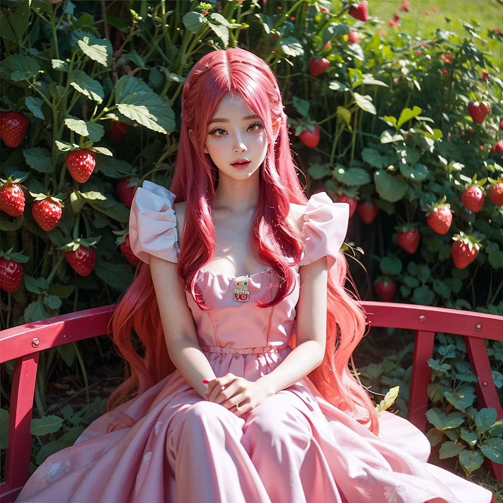 
araffe girl with pink hair sitting in a field of strawberries, belle delphine, red wig, anime girl cosplay, anime barbie doll, anime girl in real life, fairycore, beautiful anime style, curly pink hair, long flowing pink hair, pink and red color style, kawaii hair style, anime cosplay, beautiful pink little alien girl, with curly red hair Green eyes wearing a cute hair bow pink background Dressed up for Halloween