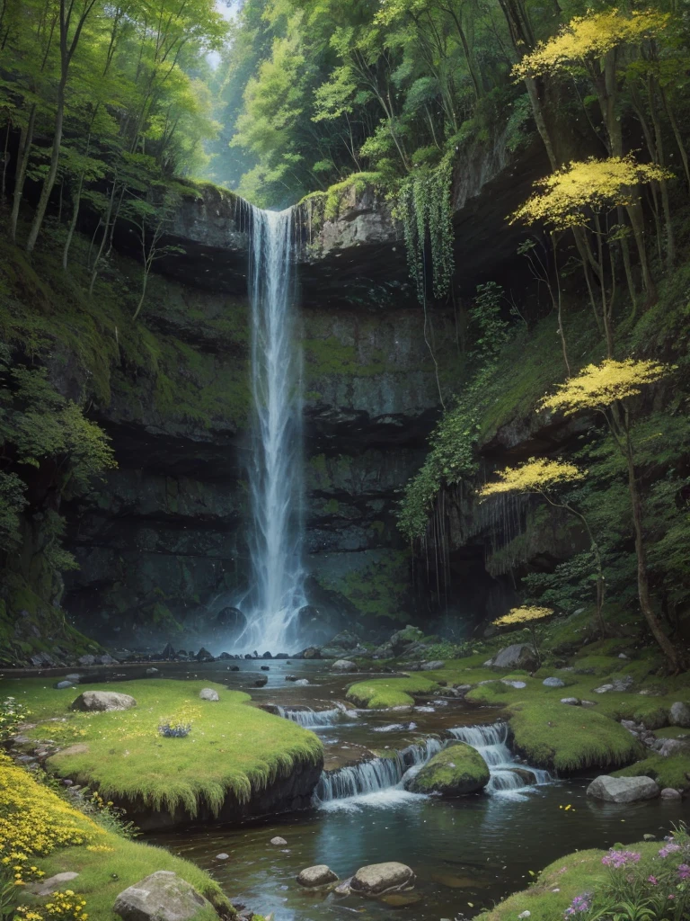 an oil painting of a waterfall at night, a waterfall calm like a spring, with stones and moss, a place full of fireflies and butterflies, a quiet and beautiful place, with yellow flowers around this waterfall, a mystical and magical place