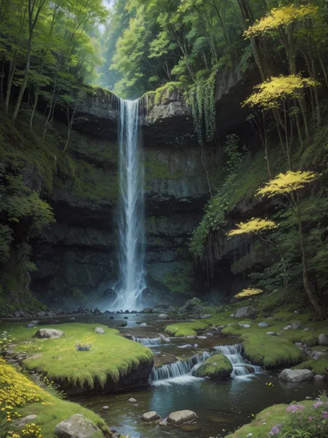 an oil painting of a waterfall at night, a waterfall calm like a spring, with stones and moss, a place full of fireflies and but...