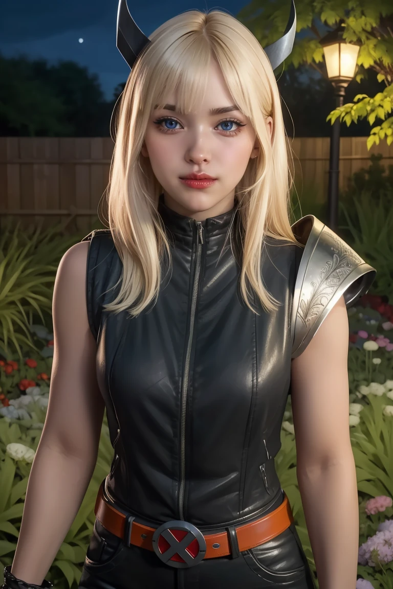 magik,blond hair,blue eyes,horns,bangs,
bodysuit,x belt,open black vest,armored left arm,single gauntlet,
standing,upper body,smile,
night,garden,
(insanely detailed, beautiful detailed face,beautiful detailed eyes, masterpiece, best quality),solo,