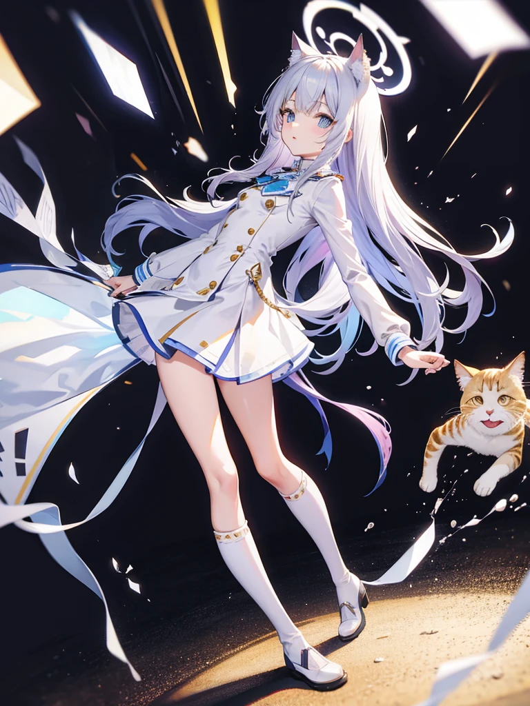 White silk tights，Short skirt，Boots，Lining，coat，White long hair，A cat lady，Loli，small headdress，White, light blue, light pink，Standing，Halo