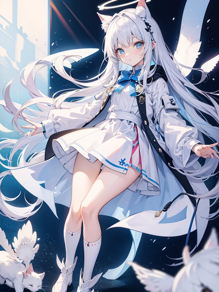 White silk tights，Short skirt，Boots，Lining，coat，White long hair，A cat lady，Loli，small headdress，White, light blue, light pink，Standing，Halo