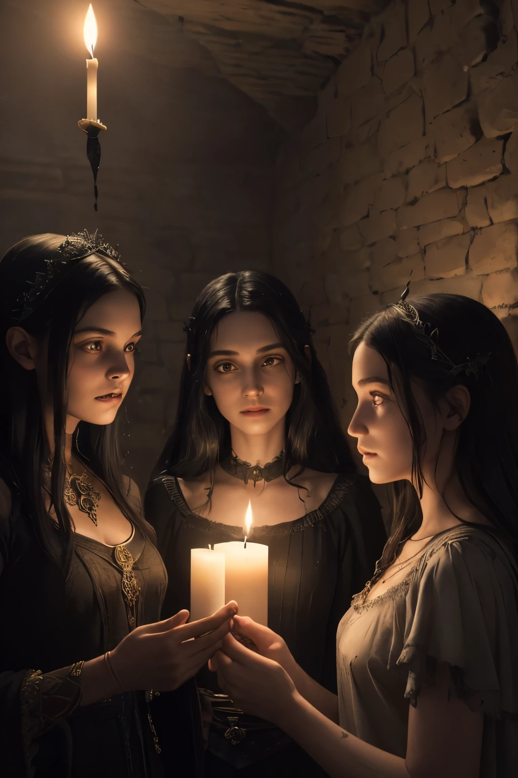 a detailed fantasy scene of three young girls exploring an ancient, mysterious house, extremely detailed eyes and faces, beautiful detailed lips, longeyelashes, highly realistic, photorealistic, 8k, masterpiece, studio lighting, vivid colors, dramatic lighting, ornate architecture, dusty textures, cobweb-covered walls, mysterious atmosphere, sense of discovery, warm light from candles, glowing magical artifacts, capture the essence of this magical and mysterious encounter. Your drawing will be fundamental for the creation of a unique publication, which combines the gothic atmosphere and the charm of the supernatural. Remember to add evocative details, such as candle flames dancing in the dark, shadows moving ominously along the rock walls, . Highlight the aura of mystery and emotion that this forbidden encounter evokes.