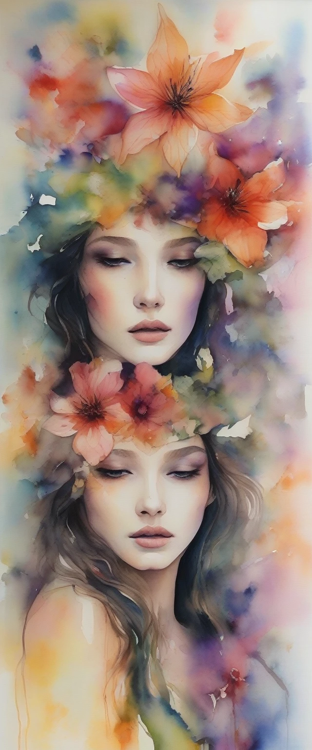 high quality, masterpiece, Watercolor, wash technique, colorful, An ink painting, blurry, pale touch, blurred outline, like a fairy tale, Beautiful woman made with flower coloring, cut and match petals and leaves, hat , draw flowing hair and feminine dresses using colors and shapes of flowers, soft colors and nature, luminism, three-dimensional effect, highlighted beauty,