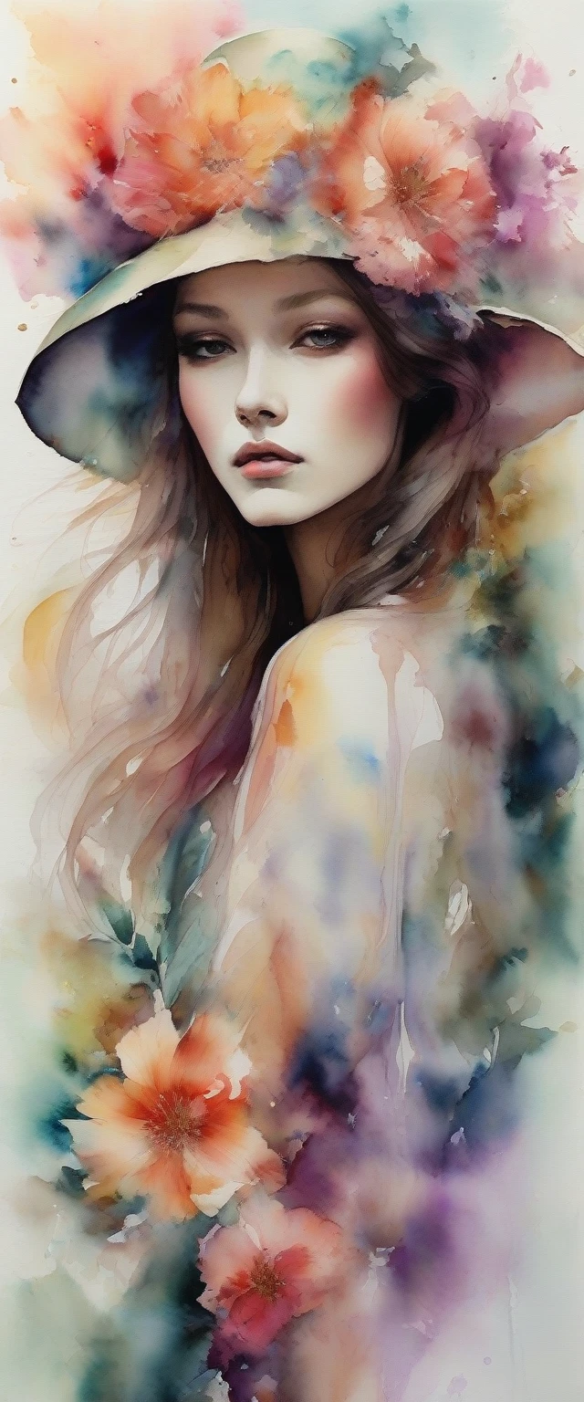 high quality, masterpiece, Watercolor, wash technique, colorful, An ink painting, blurry, pale touch, blurred outline, like a fairy tale, Beautiful woman made with flower coloring, cut and match petals and leaves, hat , draw flowing hair and feminine dresses using colors and shapes of flowers, soft colors and nature, luminism, three-dimensional effect, highlighted beauty,