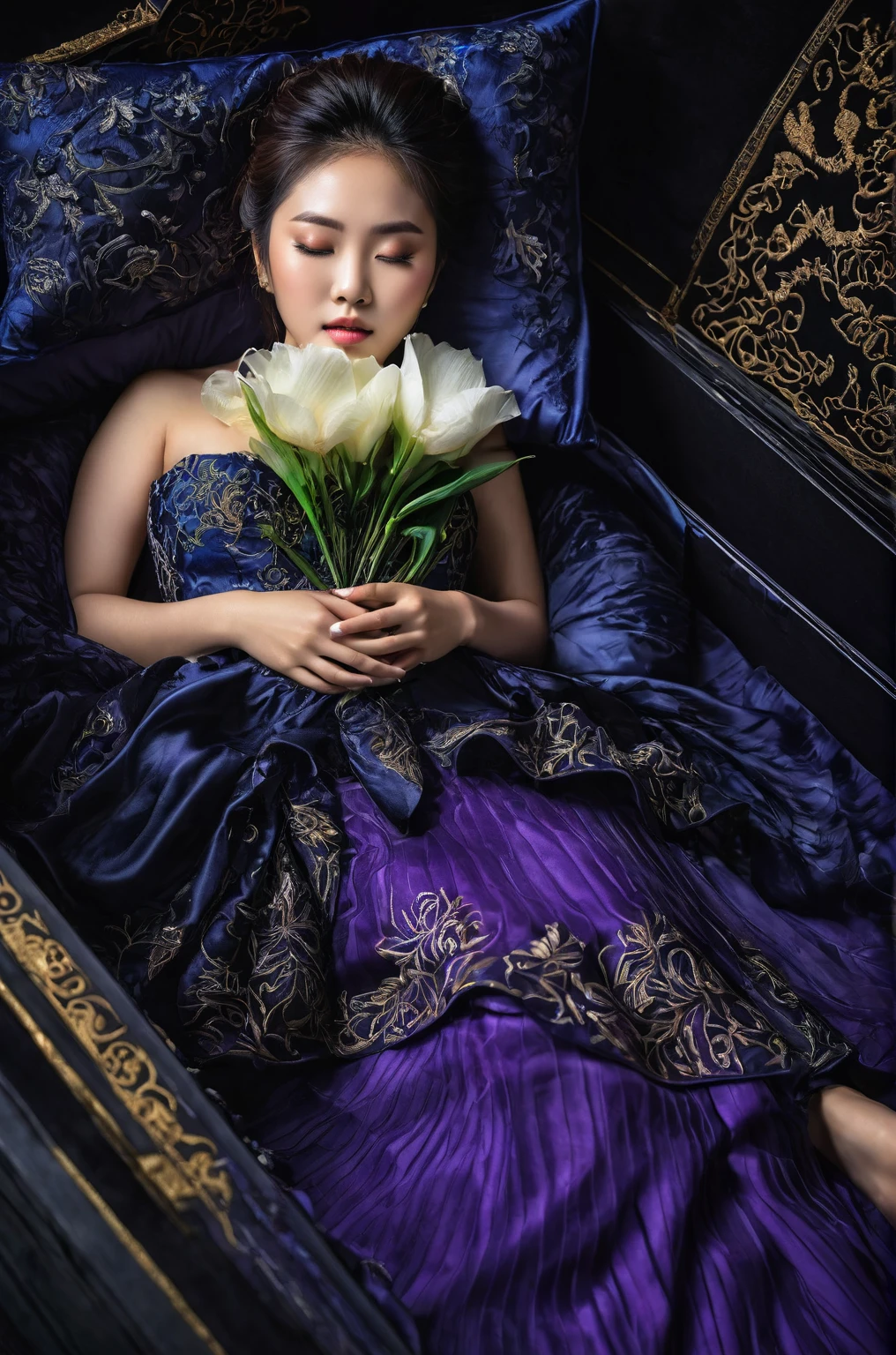 In a striking 8K HDR scene, a stunning Korean woman, 22 years old, lies peacefully in a black coffin surrounded by plush pillows. The deep box is set against a rich black background, accentuating the beauty of the subject. Her exquisite deep-V neckline kebaya attire is embroidered with superb detail, showcasing her round and firm breasts, perfect cleavage, and beautiful eyebrows. Her closed eyes and mouth give an air of serenity, while her visible and absolute cleavage leave nothing to imagination. The scene is bathed in saturated colors, highlighting every intricate aspect from the ball skirt to her clean face, straight body, detailed hand perfect hands, straight body, own hands together, own hand on stomach, detailed hands, perfect hands.