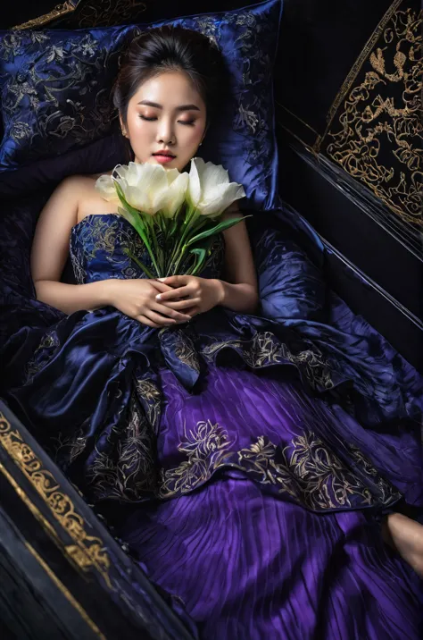 In a striking 8K HDR scene, a stunning Korean woman, 22 years old, lies peacefully in a black coffin surrounded by plush pillows...