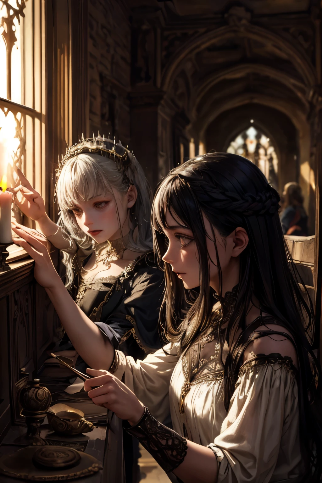 a detailed fantasy scene of three young girls exploring an ancient, mysterious house, extremely detailed eyes and faces, beautiful detailed lips, longeyelashes, highly realistic, photorealistic, 8k, masterpiece, studio lighting, vivid colors, dramatic lighting, ornate architecture, dusty textures, cobweb-covered walls, mysterious atmosphere, sense of discovery, warm light from candles, glowing magical artifacts, capture the essence of this magical and mysterious encounter. Your drawing will be fundamental for the creation of a unique publication, which combines the gothic atmosphere and the charm of the supernatural. Remember to add evocative details, such as candle flames dancing in the dark, shadows moving ominously along the rock walls, . Highlight the aura of mystery and emotion that this forbidden encounter evokes.