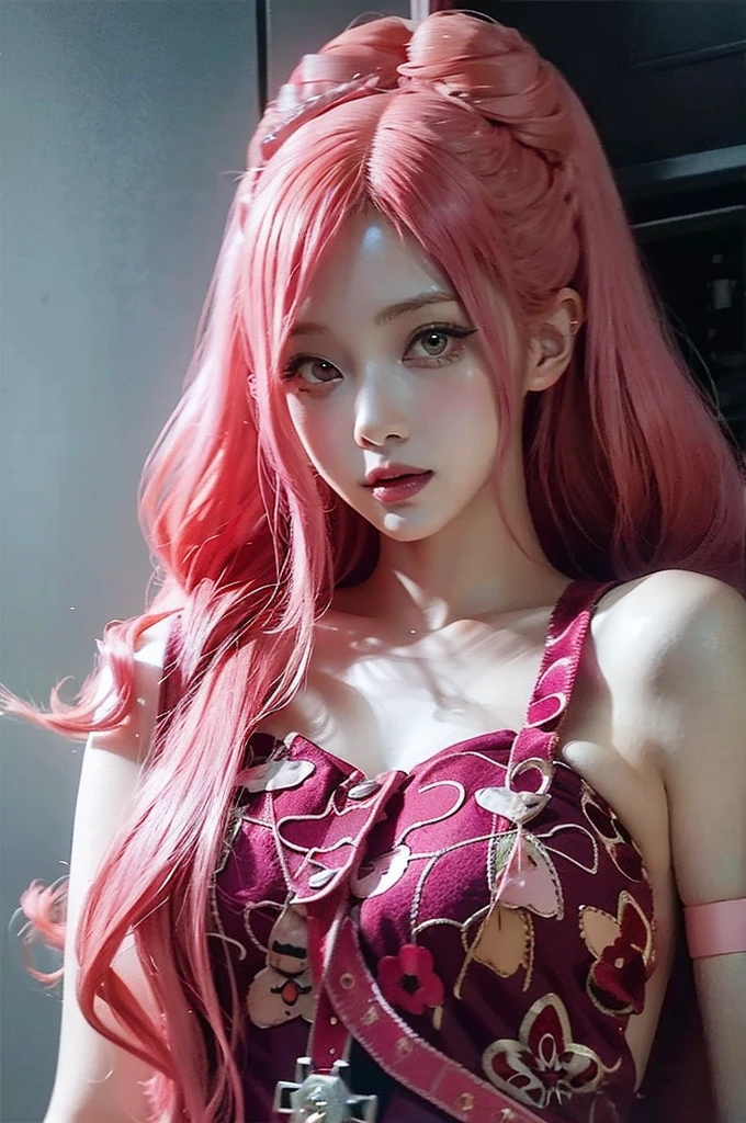 
araffe girl with pink hair  belle delphine, red wig, anime girl cosplay, anime barbie doll, anime girl in real life, fairycore, beautiful anime style, curly pink hair, long flowing pink hair, pink and red color style, kawaii hair style, anime cosplay, beautiful pink little alien girl, with curly red hair Green eyes  Dressed up for Halloween Scary clothes