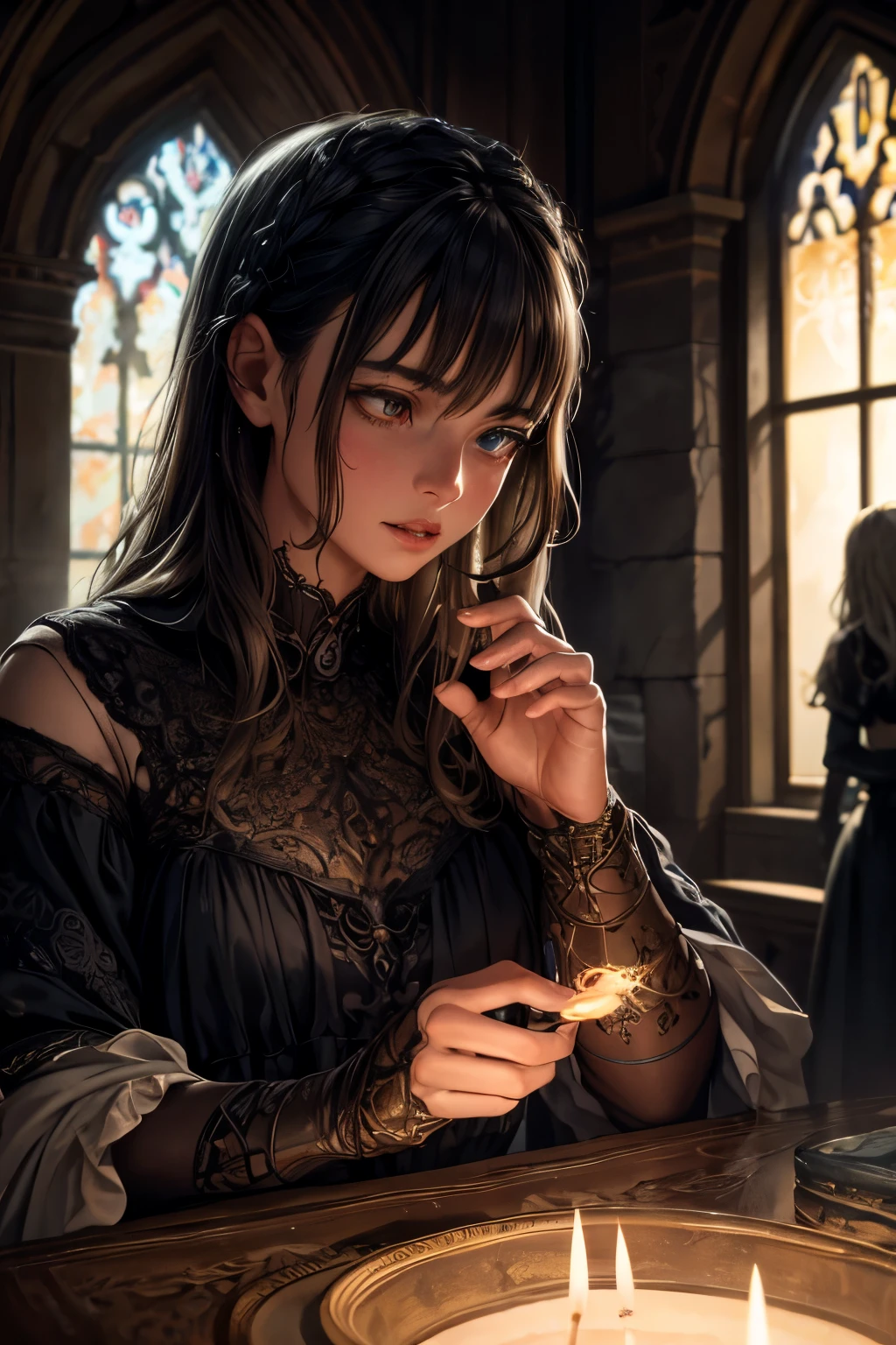 a detailed fantasy scene of three young girls exploring an ancient, mysterious house, extremely detailed eyes and faces, beautiful detailed lips, longeyelashes, highly realistic, photorealistic, 8k, masterpiece, studio lighting, vivid colors, dramatic lighting, ornate architecture, dusty textures, cobweb-covered walls, mysterious atmosphere, sense of discovery, warm light from candles, glowing magical artifacts, capture the essence of this magical and mysterious encounter. Your drawing will be fundamental for the creation of a unique publication, which combines the gothic atmosphere and the charm of the supernatural. Remember to add evocative details, such as candle flames dancing in the dark, shadows moving ominously along the rock walls, . Highlight the aura of mystery and emotion that this forbidden encounter evokes.