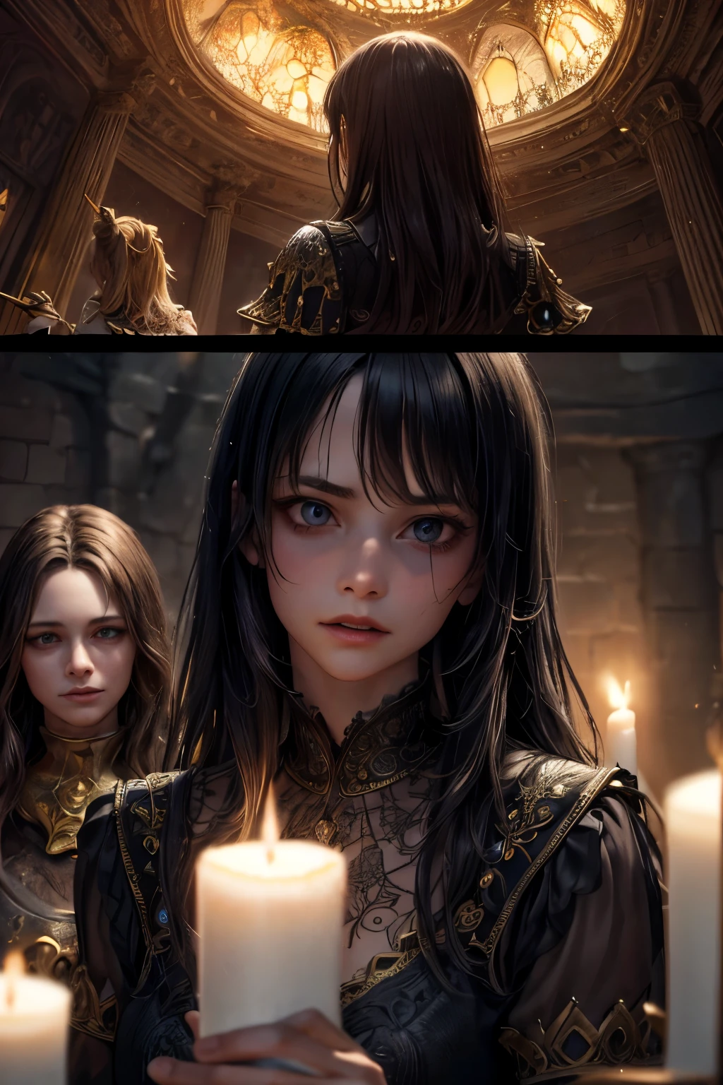 a detailed fantasy scene of three young girls exploring an ancient, mysterious house, extremely detailed eyes and faces, beautiful detailed lips, longeyelashes, highly realistic, photorealistic, 8k, masterpiece, studio lighting, vivid colors, dramatic lighting, ornate architecture, dusty textures, cobweb-covered walls, mysterious atmosphere, sense of discovery, warm light from candles, glowing magical artifacts, capture the essence of this magical and mysterious encounter. Your drawing will be fundamental for the creation of a unique publication, which combines the gothic atmosphere and the charm of the supernatural. Remember to add evocative details, such as candle flames dancing in the dark, shadows moving ominously along the rock walls, . Highlight the aura of mystery and emotion that this forbidden encounter evokes.