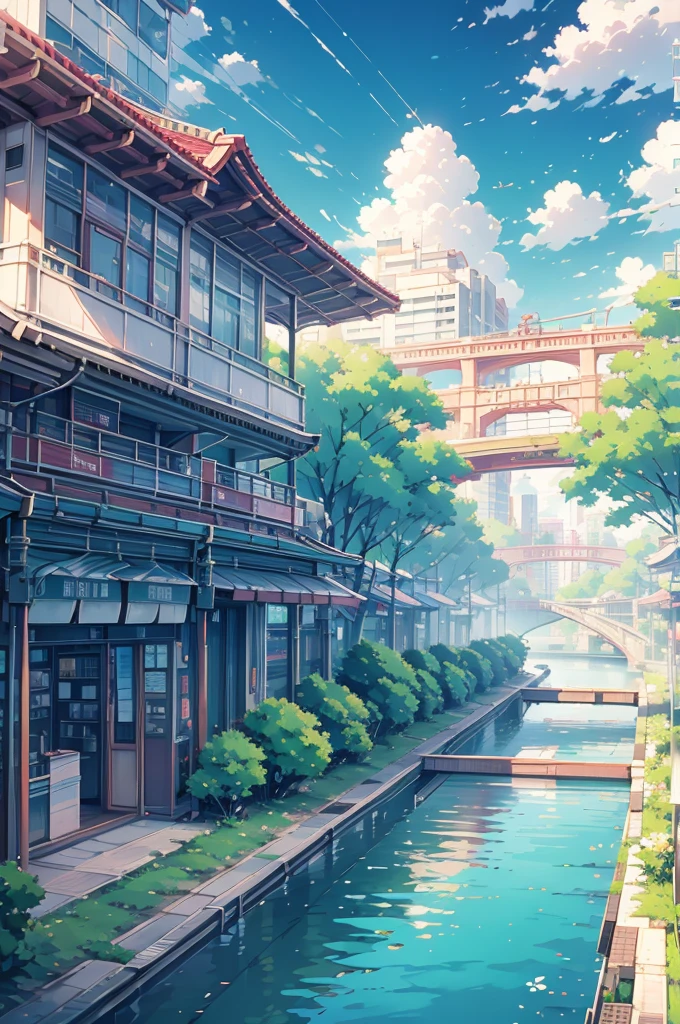 Summer city sunshine green trees flowers pier white clouds wide shopping mall sunny oriental elements cyberpunk skyscraper roof ship river bridge