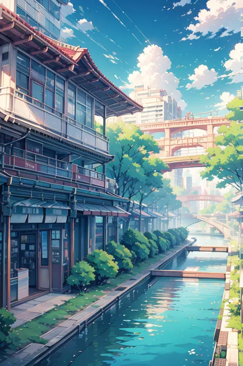 summer city sunshine green trees flowers pier white clouds wide shopping mall sunny oriental elements cyberpunk skyscraper roof ...