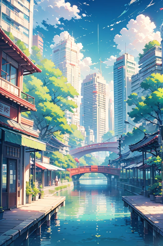 Summer city sunshine green trees flowers pier white clouds wide shopping mall sunny oriental elements cyberpunk skyscraper roof ship river bridge