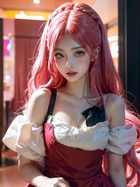 
araffe girl with pink hair  belle delphine, red wig, anime girl cosplay, anime barbie doll, anime girl in real life, fairycore,...