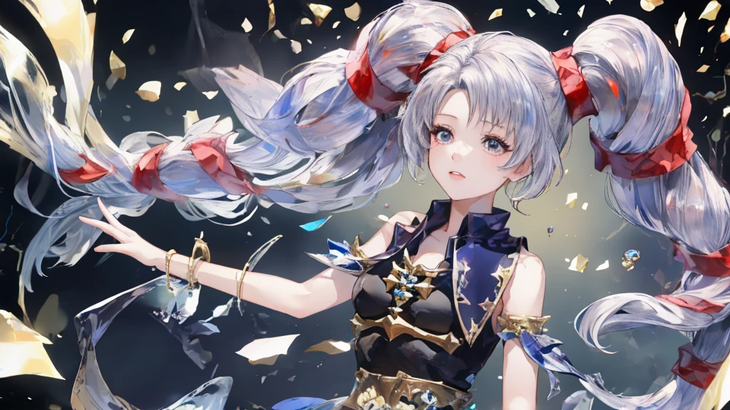 Twin tails,beautiful girl,thunder,lightning,magic,Particles of light,(Highest quality, High resolution:1.2),Mysterious atmosphere,Dynamic pose,High detail,Jewelry goods,bracelet,Red Gemstone Pendant,Almond Eyes, Exquisite eye makeup, Long eyelashes fluttering, Blinking big eyes