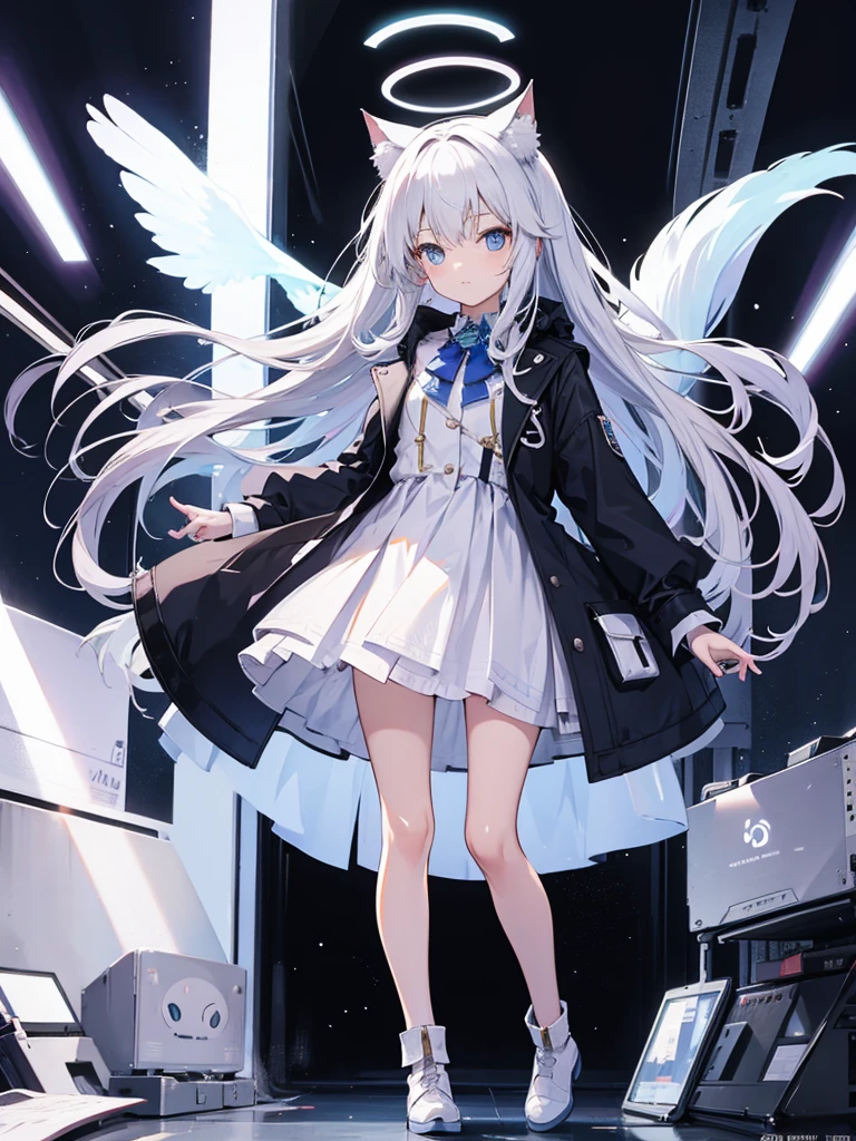 White silk tights，Short skirt，Boots，Lining，coat，White long hair，A cat lady，Loli，small headdress，White, light blue, light pink，Standing，Halo