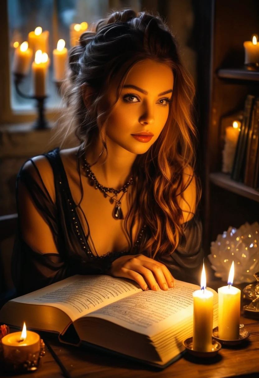 1 girl, extremely beautiful, alone, Upper body In the background are elements such as crystals, Candles and a book of shadows to see