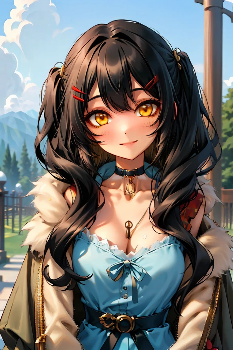 (masterpiece:1.2), (high quality:1.2), hui xiyi, rekkyo sensen, rekkyou sensen, girls with((1girl, solo, black hair, yellow eyes, (wavy long hair, one side up, hairclips:1.3), bare shoulder, blush, breasts, choker, cleavage, coat, cowboy shot, blue lace dress, camisole, ribbon waist belt, black ribbon belt, collar, collarbone, rosary, rosary choker, cross, fur, fur trim, parka, khaki hoodie, green hoodie, khaki jacket, hood down, hooded coat, hooded jacket, hoodie, jacket, large breasts, long sleeves, medium breasts, open clothes, open coat,open hoodie, sleeveless, winter clothes, zipper, cleavage, upper body, hand up, waving, palm)), background with((architecture, blue sky, bush, castle, village, no humans, cloud, cloudy sky, day, field, garden, grass, hill, house, lamppost, landscape, mountain, mountainous horizon, nature, no humans, outdoors, scenery, shrine, sky))