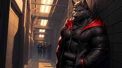 black wolf , alone, looking at the audience, shirt, 1 boy, jacket, male focus, open clothes, hood, black shirt, hoodie, muscular...