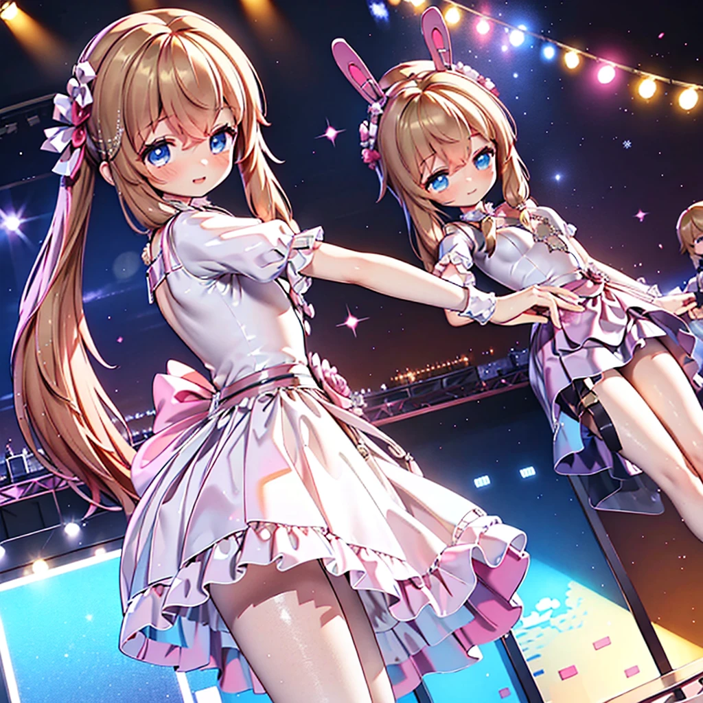 Solo girl, comical, kawaii, Blue eyes, light brown hair, back high twintails, front braids, princess dress, smile, front view, dance at the stage, neon and led lights, posing, sexy, high-resolution image, masterpiece, high quality, attractive eyes, ((dutch angle))
