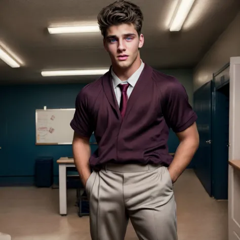 a handsome young man in a school uniform, purple eyes, dark hair, studying seriously, realistic, photorealistic, 8k, best qualit...