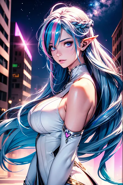 1 elf girl, (beautiful elf lady), elf magician, love and magic, one person solo, (Silver blue hair streaked pink purple:1.4), (G...